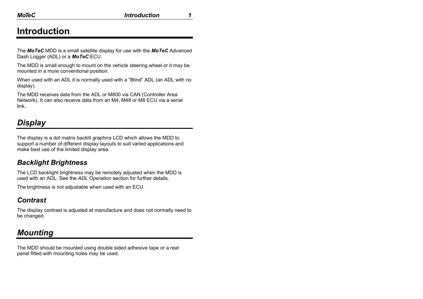 Introduction, Display, Mounting | MoTeC MDD User Manual | Page 3 / 48