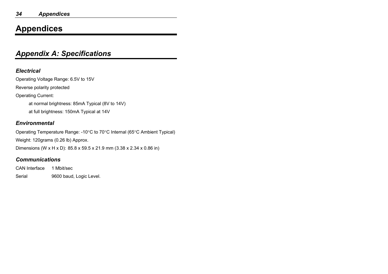Appendices, Appendix a: specifications | MoTeC MDD User Manual | Page 36 / 48