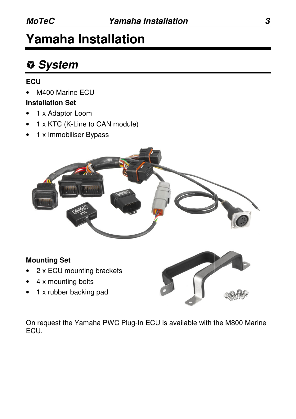 Yamaha installation, System | MoTeC PWC Plug-In ECU User Manual | Page 10 / 91