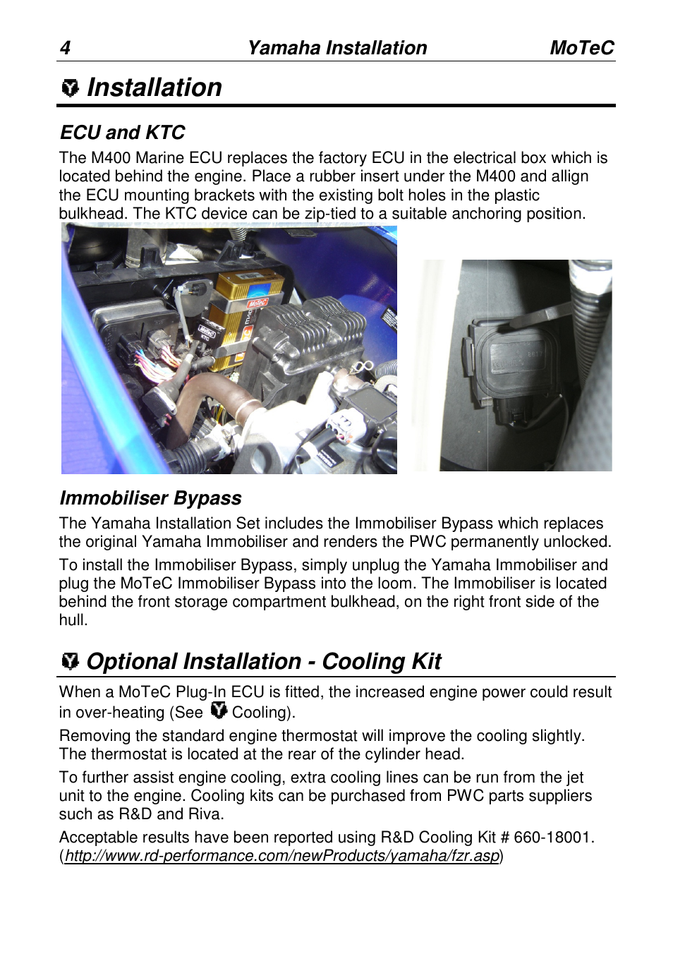 Installation, Optional installation - cooling kit, 4yamaha installation | Ecu and ktc, Immobiliser bypass, Motec | MoTeC PWC Plug-In ECU User Manual | Page 11 / 91