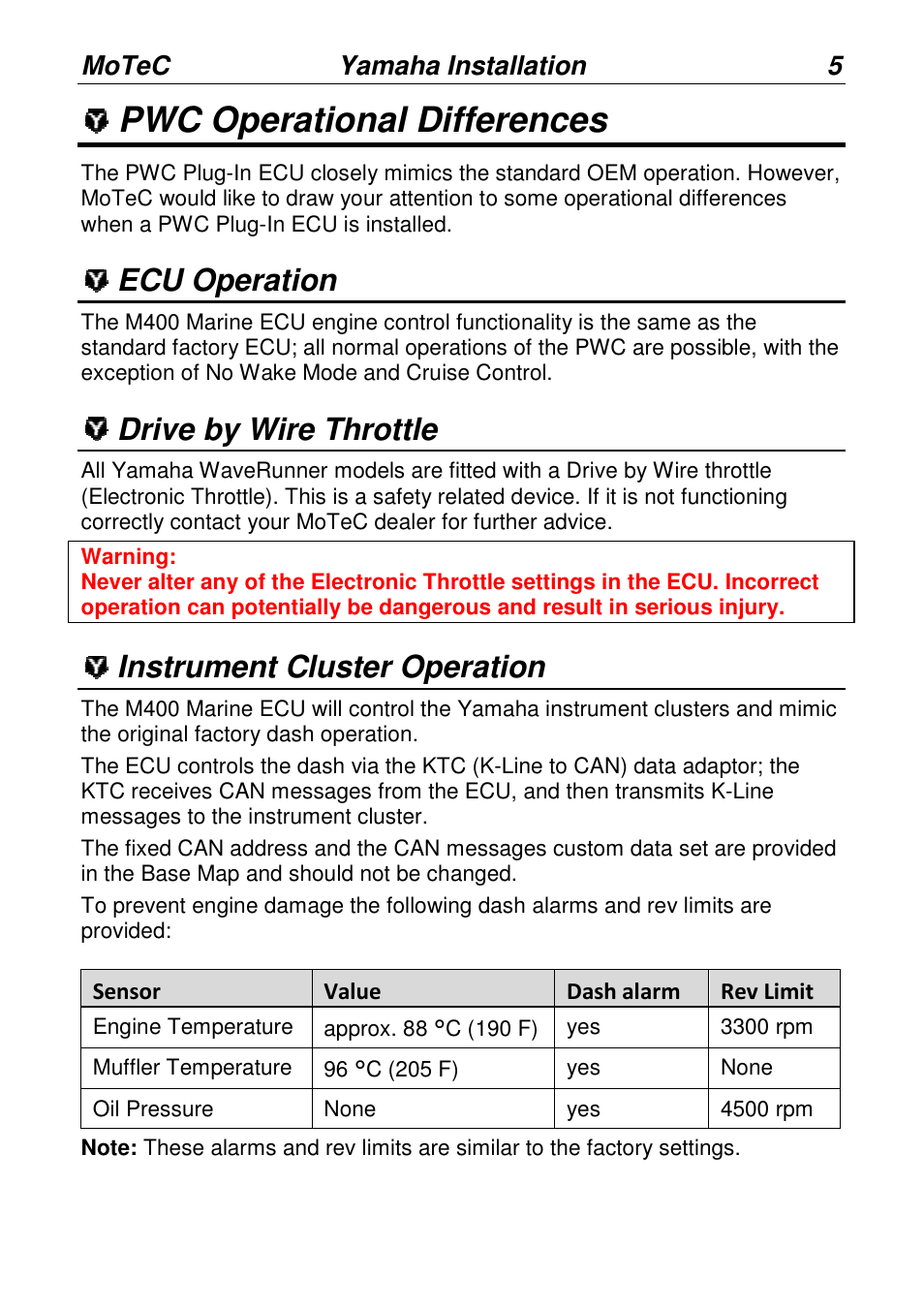 Pwc operational differences, Ecu operation, Drive by wire throttle | Instrument cluster operation, Motec yamaha installation | MoTeC PWC Plug-In ECU User Manual | Page 12 / 91