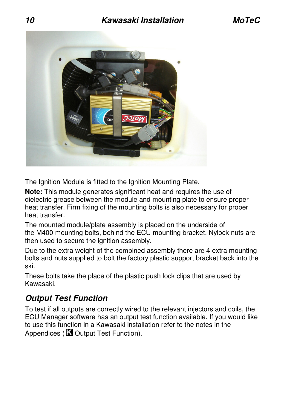 10 kawasaki installation, Output test function, Motec | MoTeC PWC Plug-In ECU User Manual | Page 17 / 91