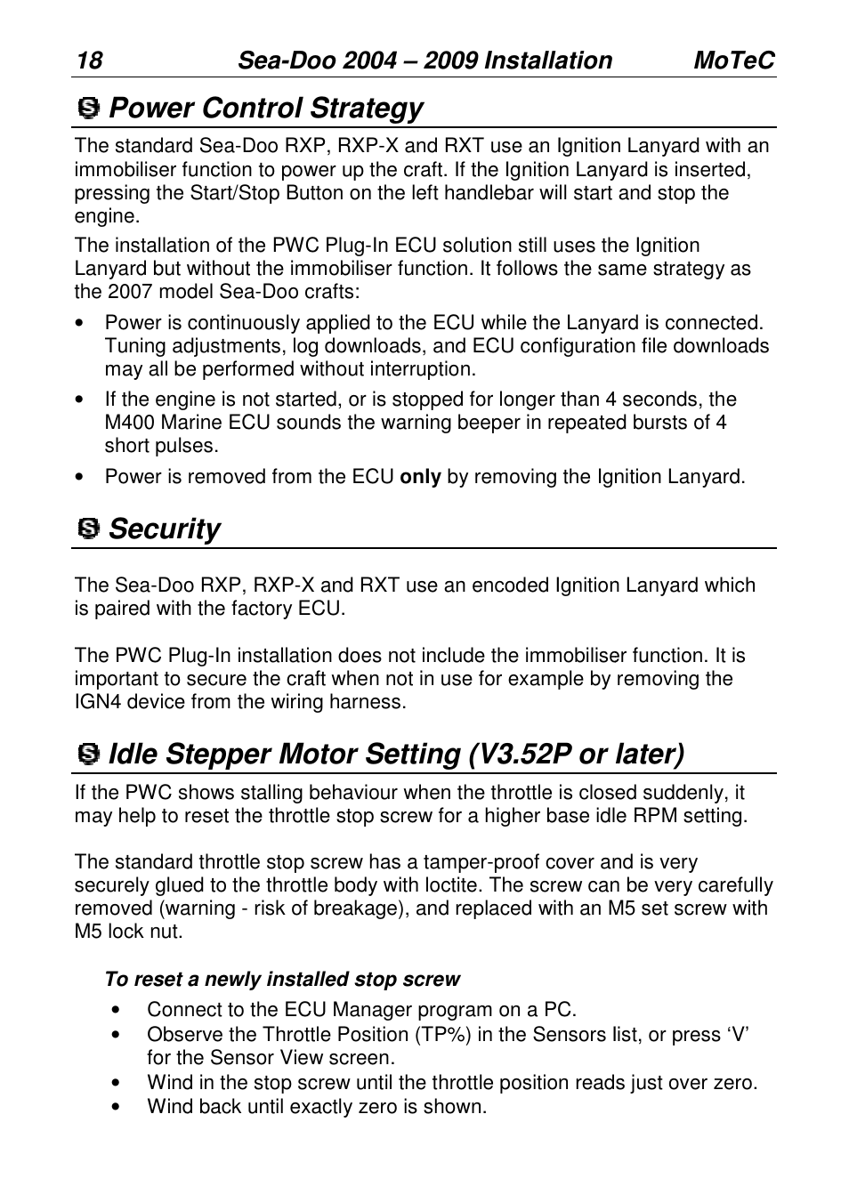 Power control strategy, Security, Idle stepper motor setting (v3.52p or later | Or later), Motec | MoTeC PWC Plug-In ECU User Manual | Page 25 / 91