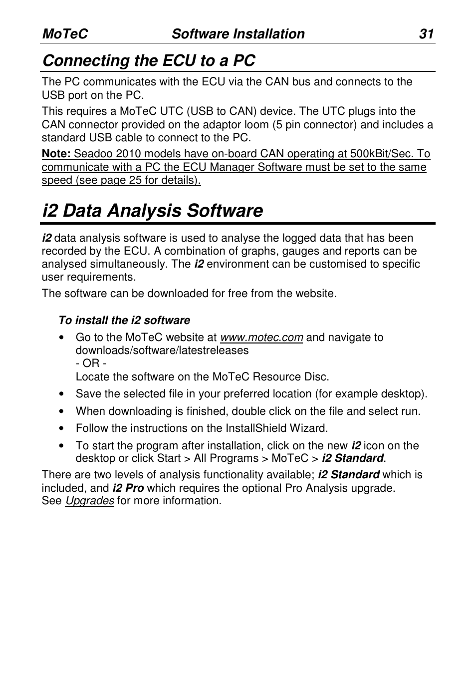 I2 data analysis software, Connecting the ecu to a pc | MoTeC PWC Plug-In ECU User Manual | Page 38 / 91