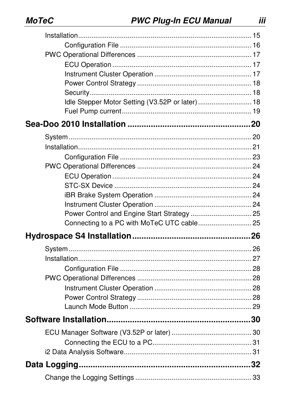 MoTeC PWC Plug-In ECU User Manual | Page 4 / 91