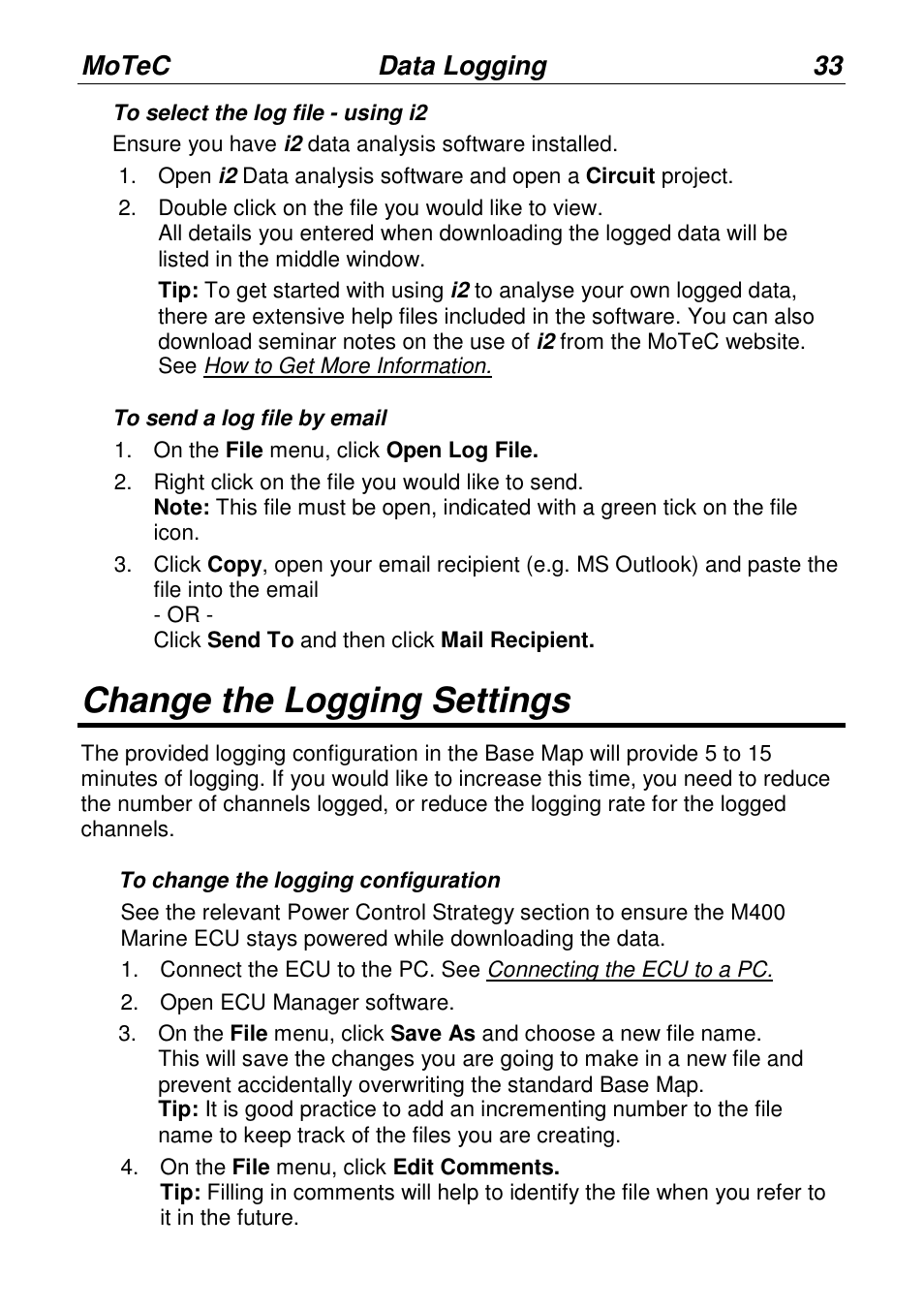 Change the logging settings, Motec data logging 33 | MoTeC PWC Plug-In ECU User Manual | Page 40 / 91