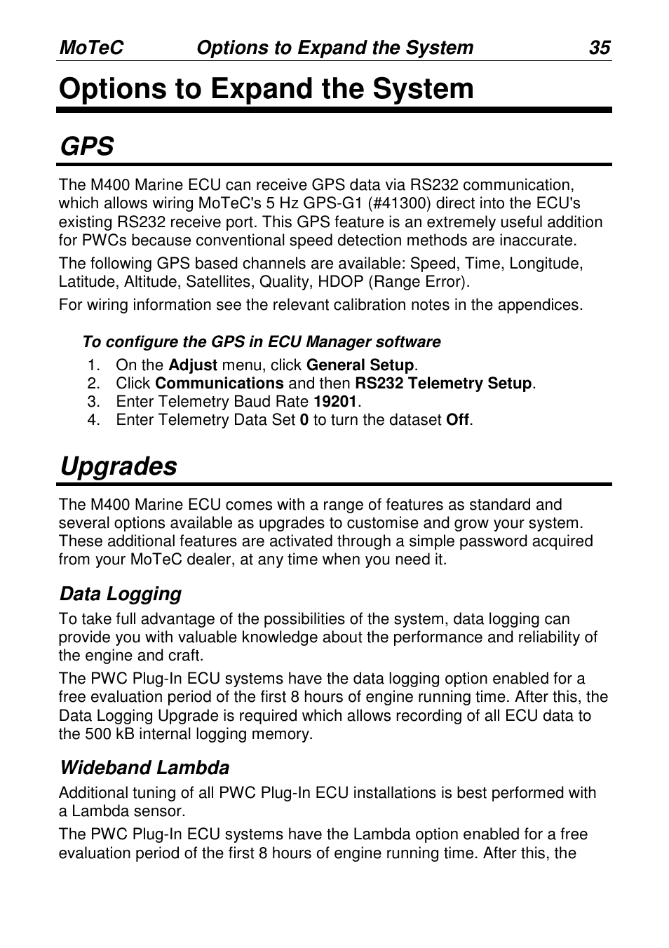 Options to expand the system, Upgrades | MoTeC PWC Plug-In ECU User Manual | Page 42 / 91