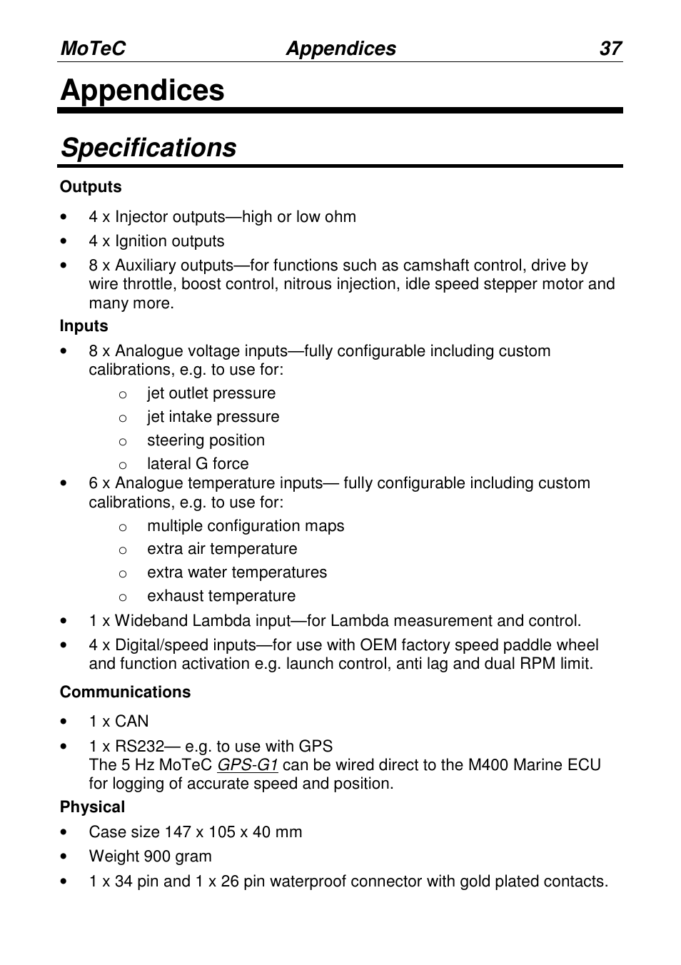 Appendices, Specifications, Motec appendices 37 | MoTeC PWC Plug-In ECU User Manual | Page 44 / 91