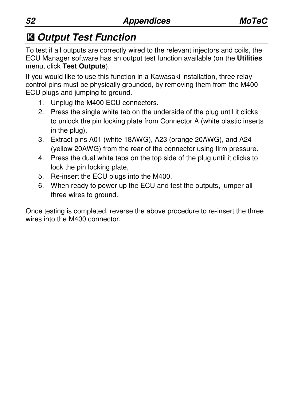 Output test function, 52 appendices, Motec | MoTeC PWC Plug-In ECU User Manual | Page 59 / 91