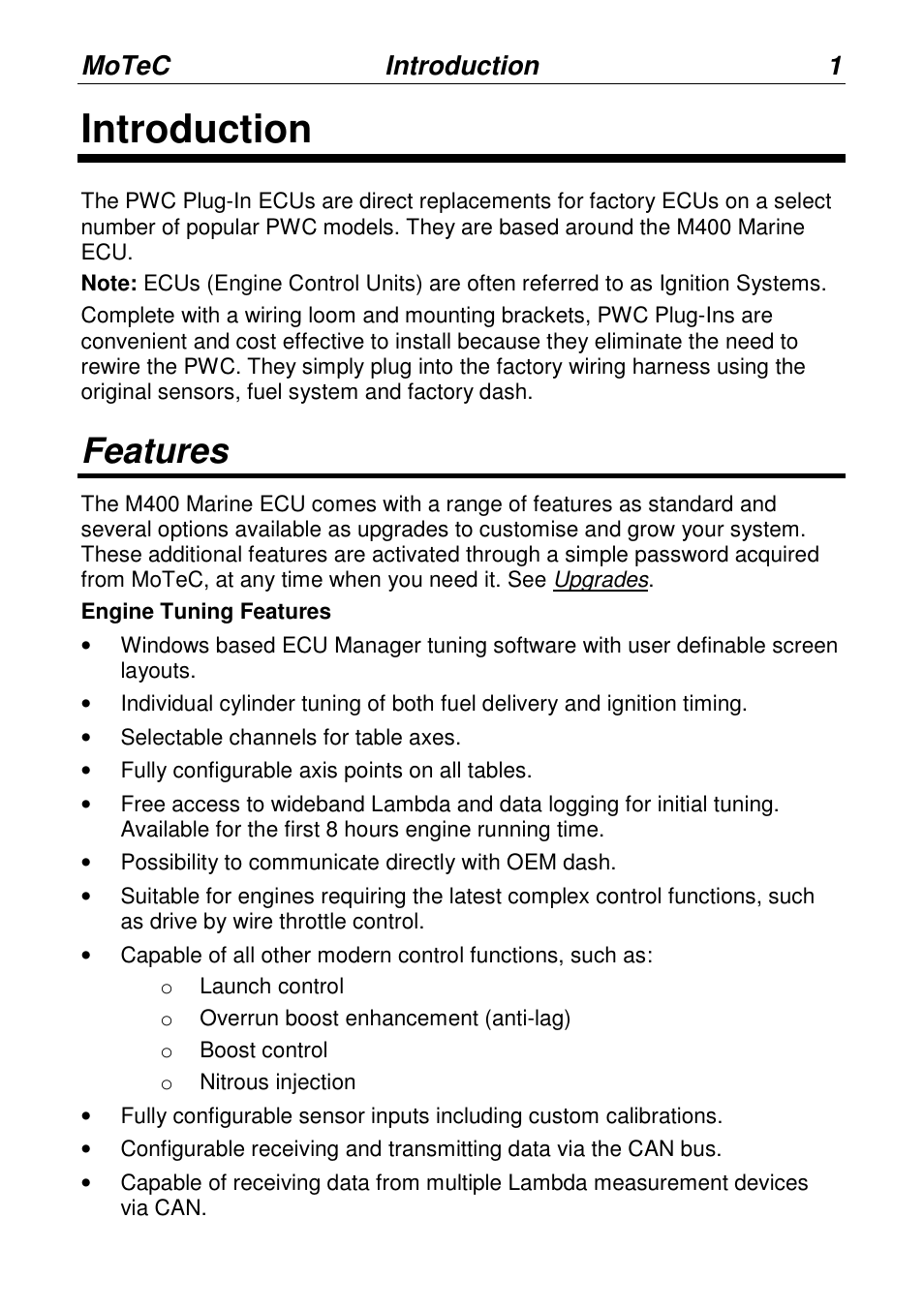 Introduction, Features, Motec introduction 1 | MoTeC PWC Plug-In ECU User Manual | Page 8 / 91