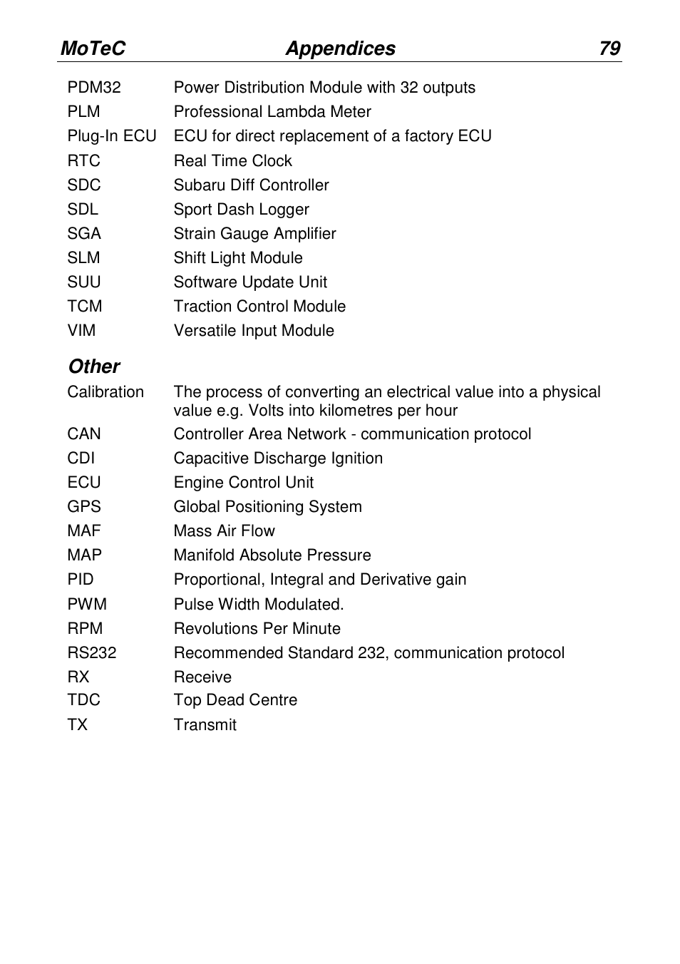 Motec appendices 79, Other | MoTeC PWC Plug-In ECU User Manual | Page 86 / 91