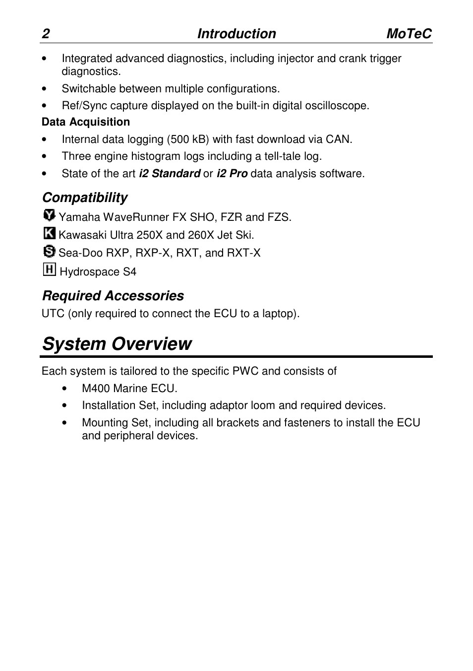 System overview, 2introduction, Compatibility | Required accessories, Motec | MoTeC PWC Plug-In ECU User Manual | Page 9 / 91