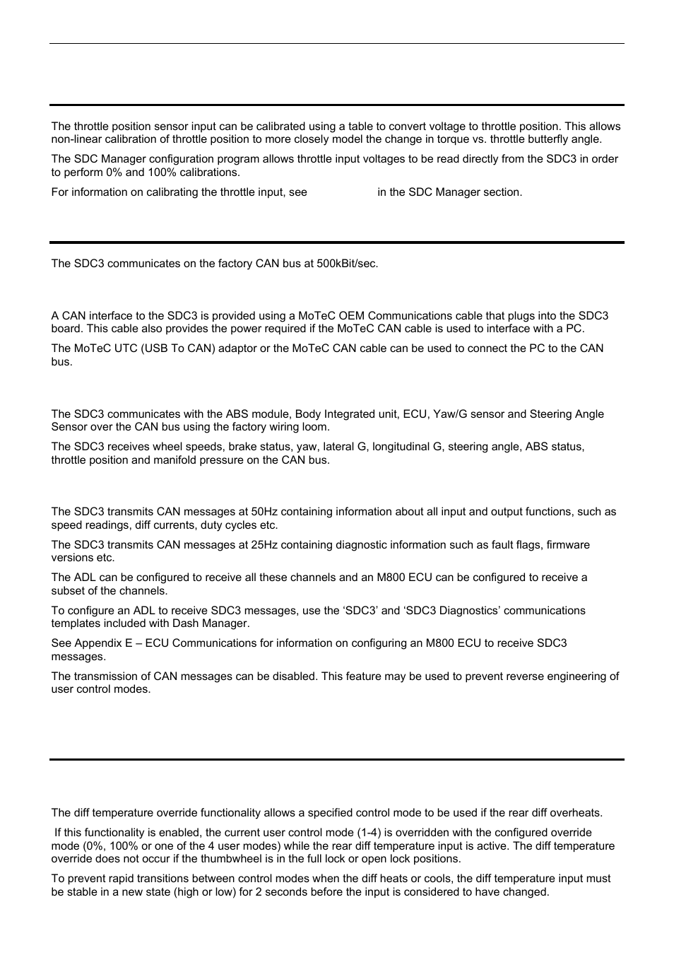 Throttle calibration, Communications, Miscellaneous functions | Pc can connection, Vehicle communications, Motec adl/m800 communications, Diff temperature override | MoTeC SDC3 User Manual | Page 8 / 24