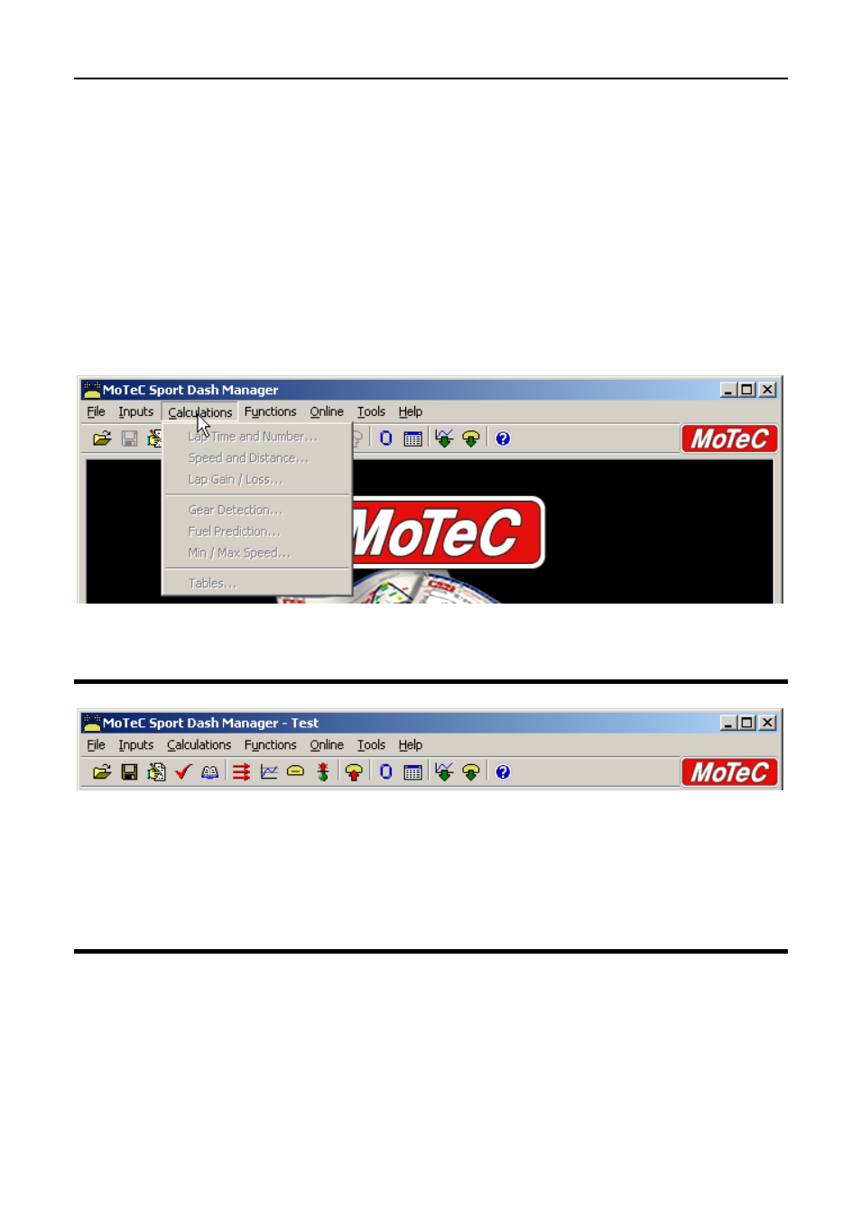 Toolbar, On line / off line, Unavailable menu items | MoTeC SDL User Manual | Page 27 / 70