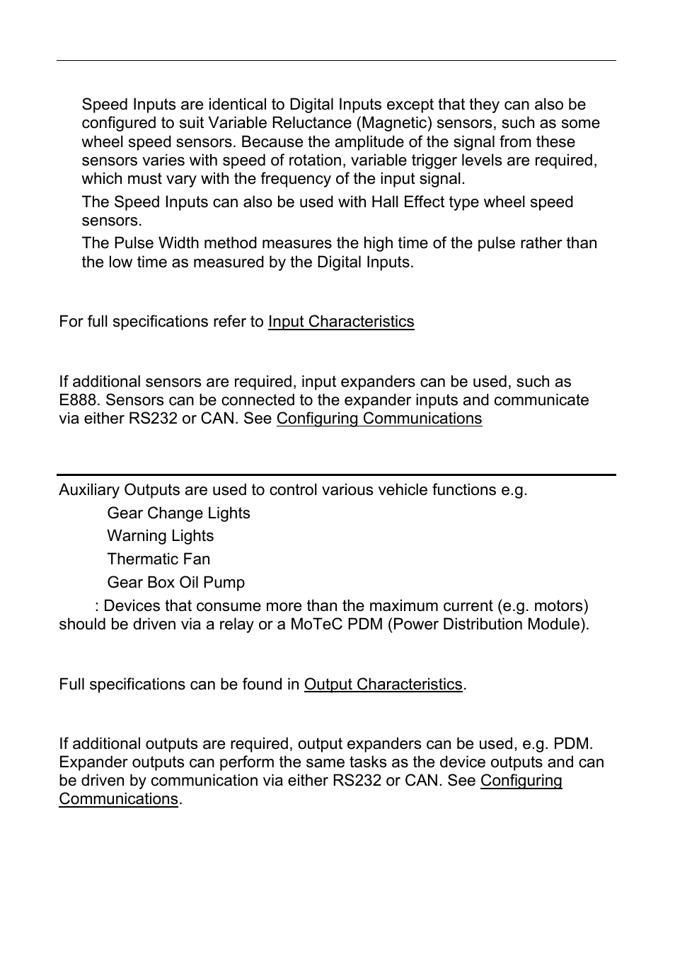 Outputs, Motec installation 9, Input specifications | Expanders, Output specifications | MoTeC ESDL3 User Manual | Page 13 / 76