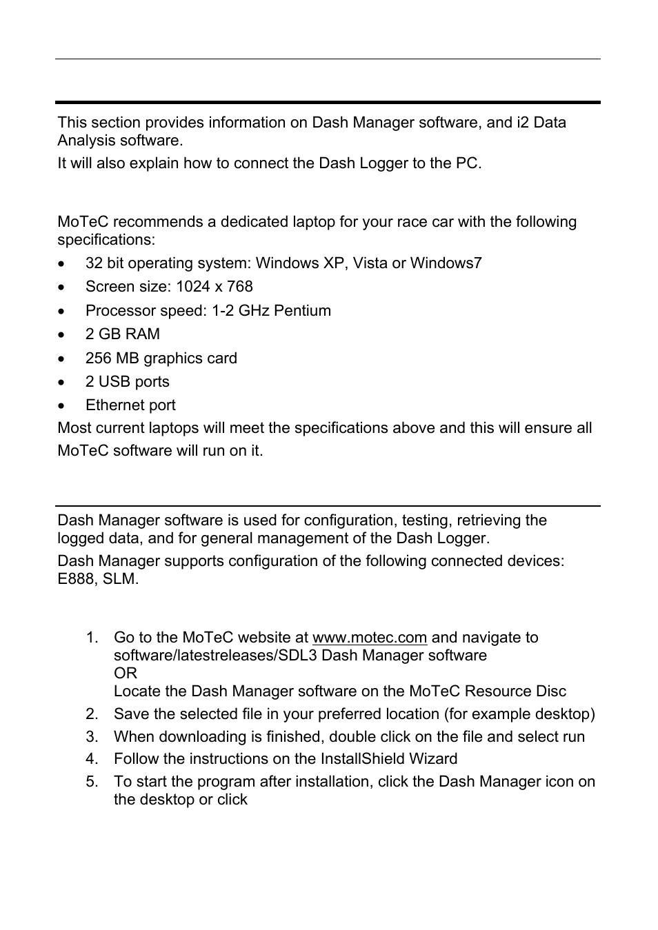 Software installation, Dash manager software | MoTeC ESDL3 User Manual | Page 16 / 76