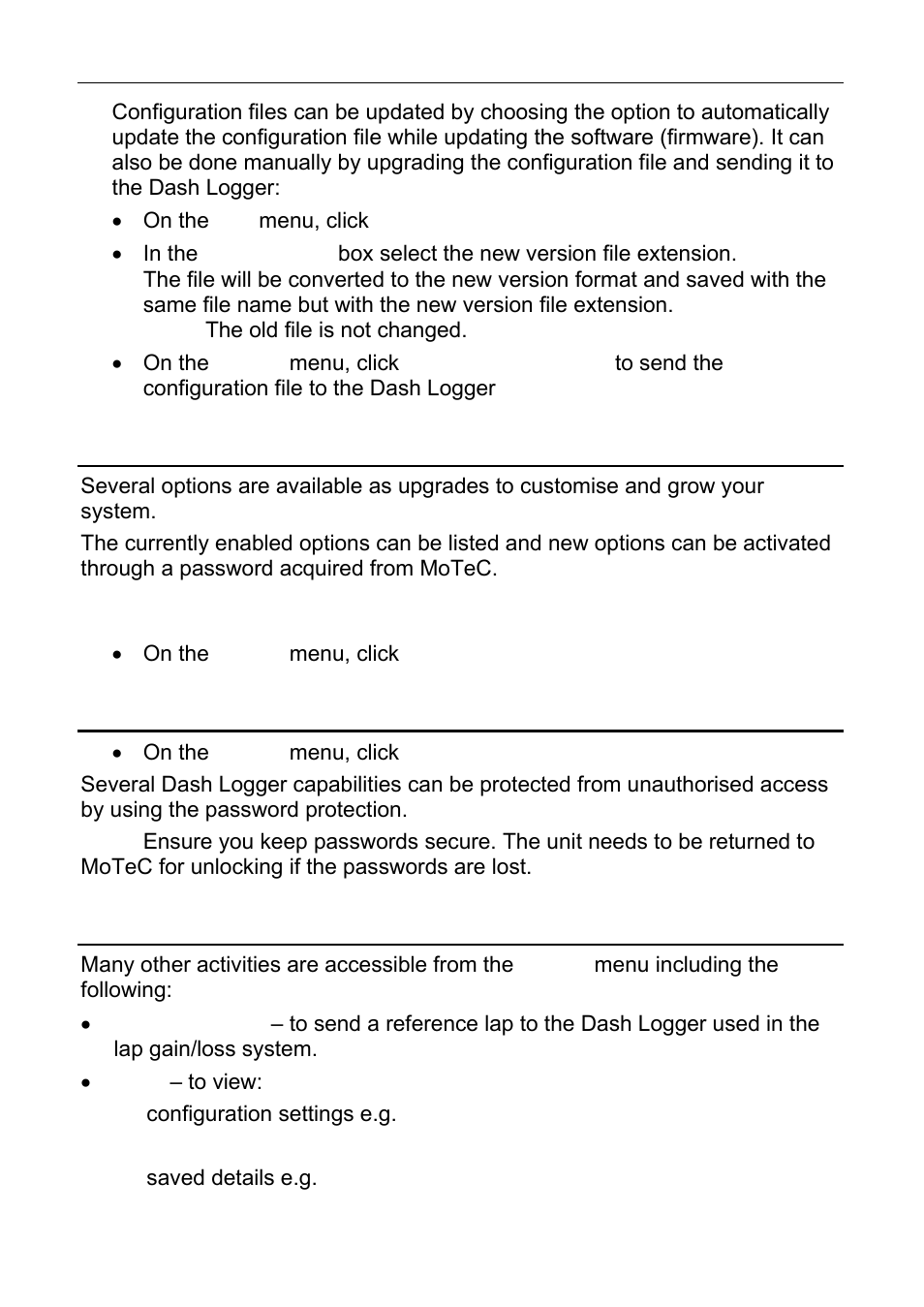 Upgrading the dash logger, Password protection, Other online activities | Motec operation 35 | MoTeC ESDL3 User Manual | Page 39 / 76