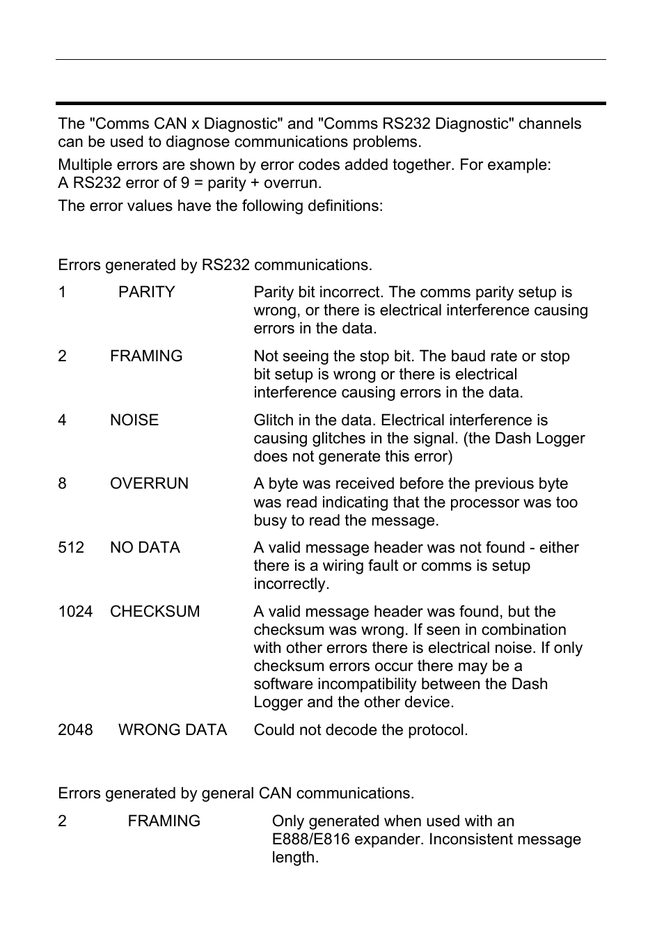 Comms error codes, Motec appendices 61, Rs232 errors | General can errors | MoTeC ESDL3 User Manual | Page 65 / 76