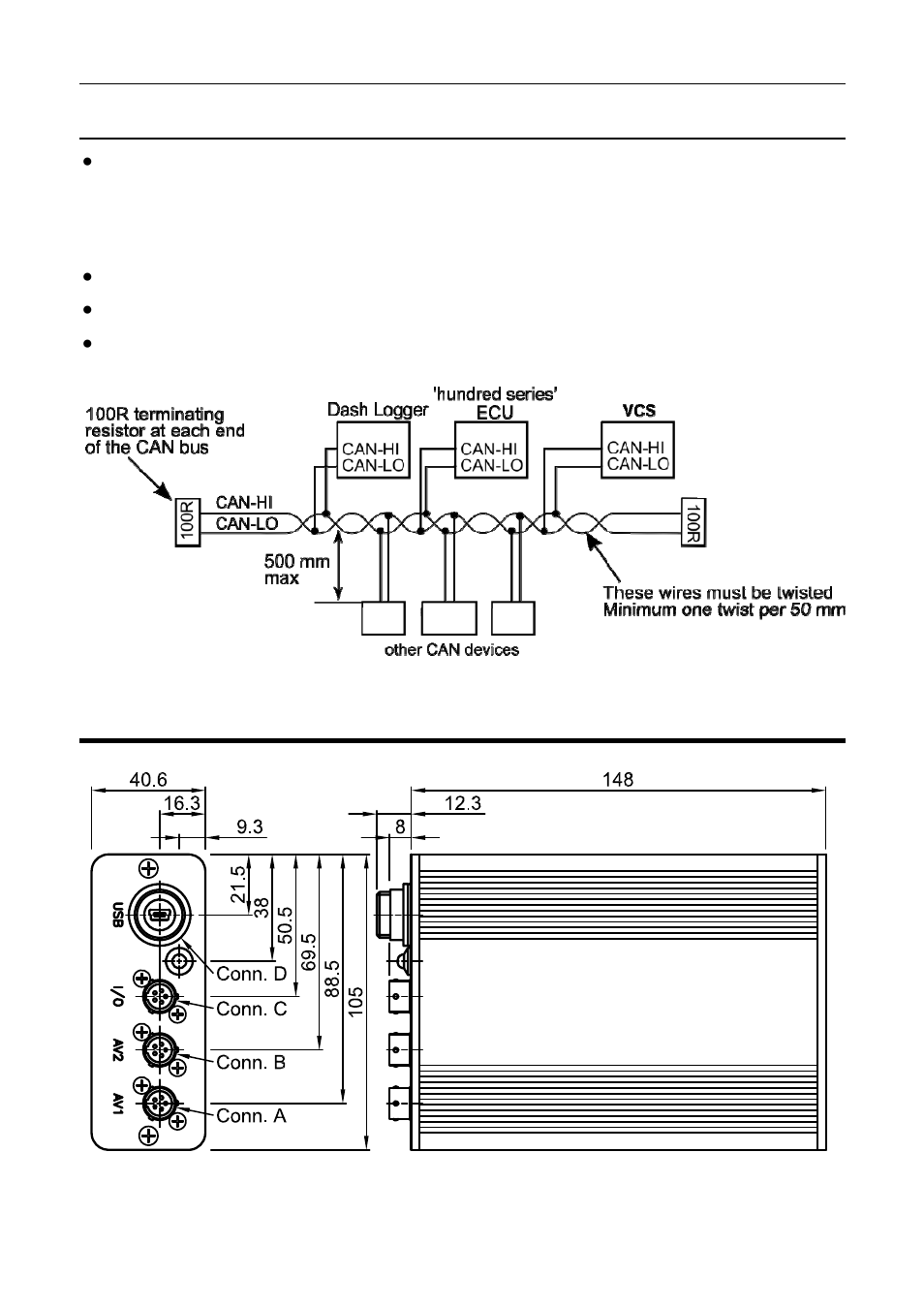 Mounting dimensions, Can bus wiring requirements | MoTeC VCS User Manual | Page 31 / 36