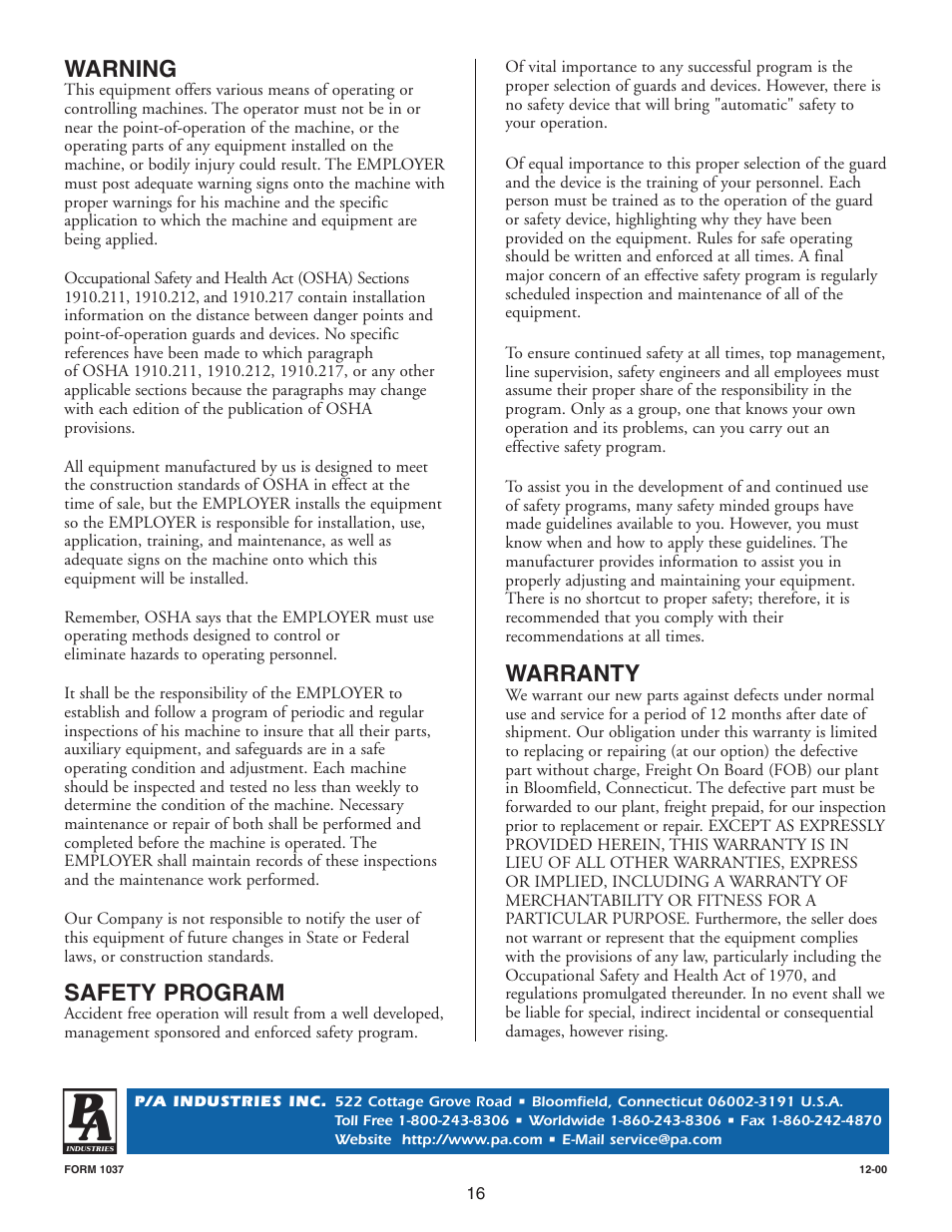 Warning, Safety program, Warranty | PA Industries Edge Servo Roll Feed SRF-100(for Serial Numbers 7610697 and higher) User Manual | Page 16 / 16