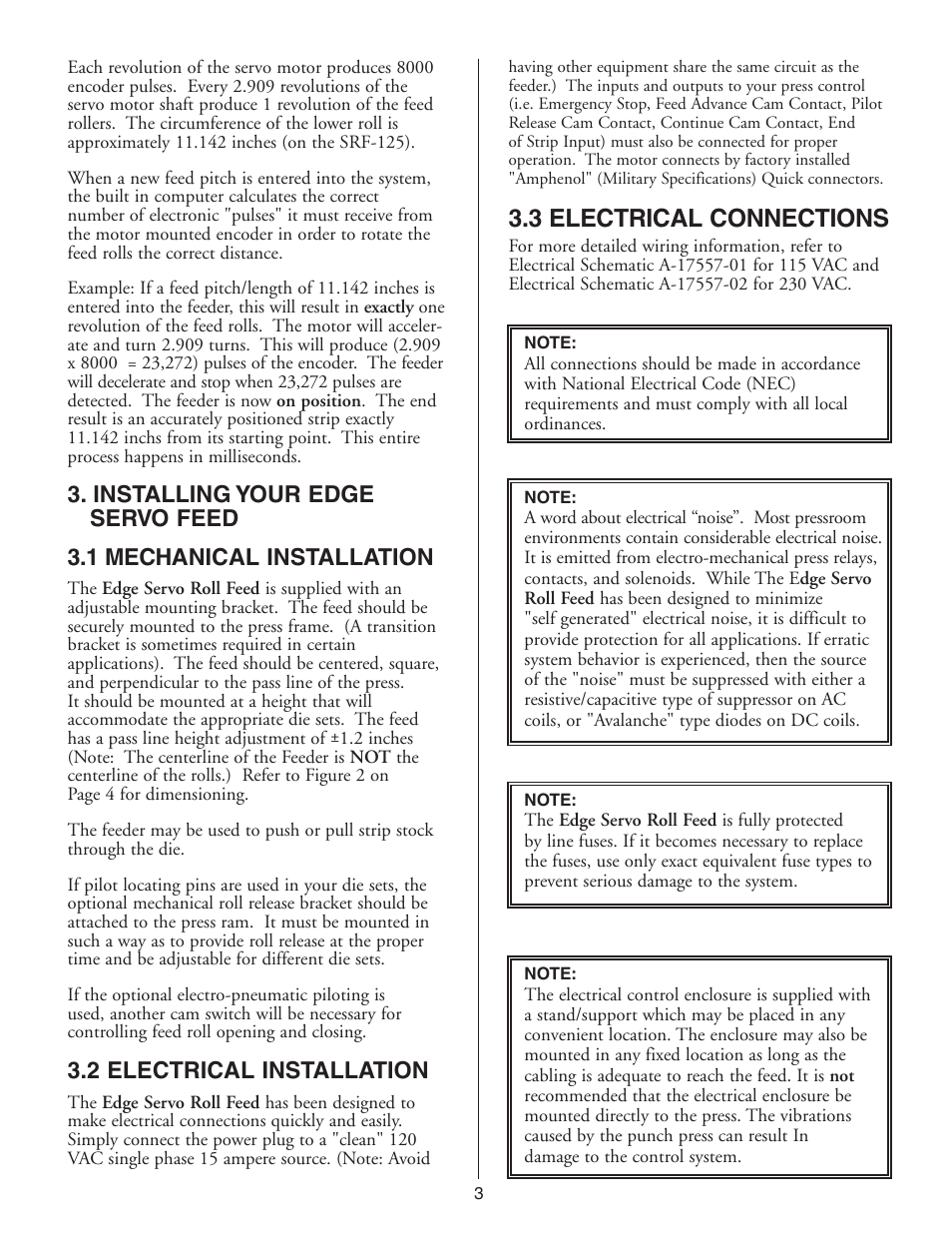 3 electrical connections, 2 electrical installation | PA Industries Edge Servo Roll Feed SRF-100(for Serial Numbers 7610697 and higher) User Manual | Page 3 / 16