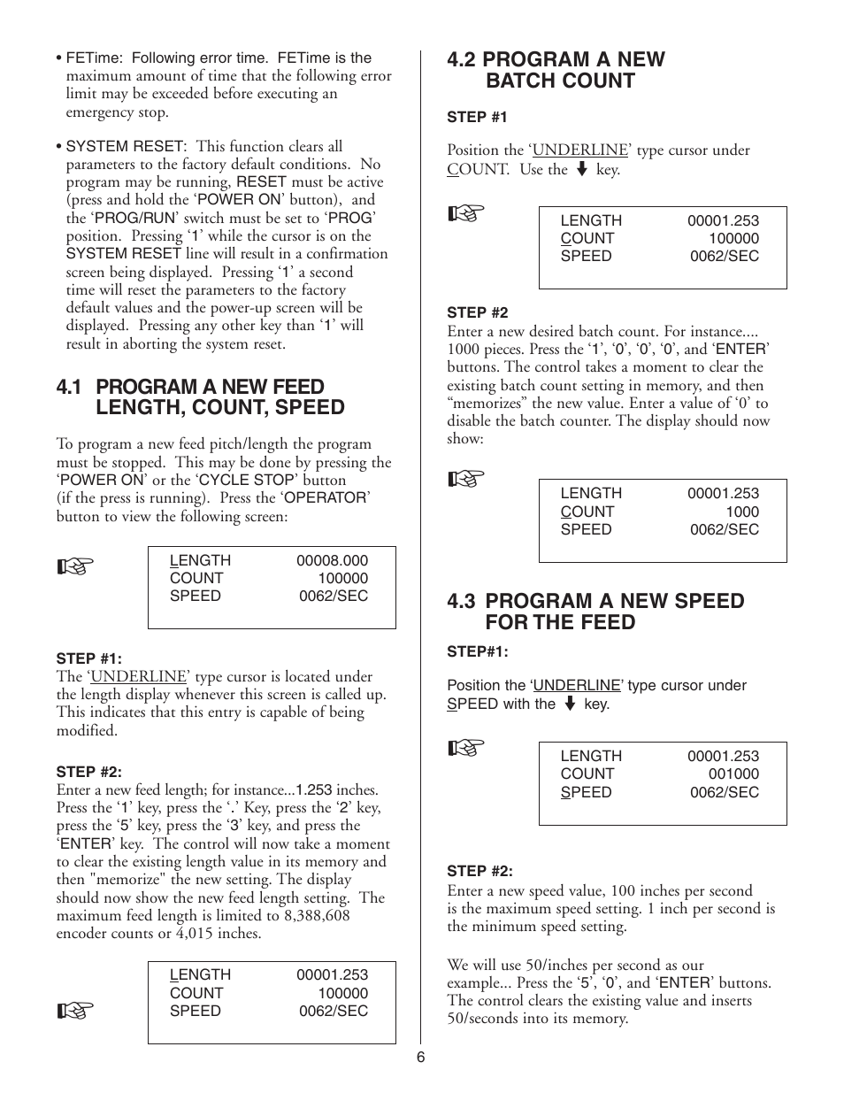 1 program a new feed length, count, speed, 2 program a new batch count, 3 program a new speed for the feed | PA Industries Edge Servo Roll Feed SRF-100(for Serial Numbers 7610697 and higher) User Manual | Page 6 / 16