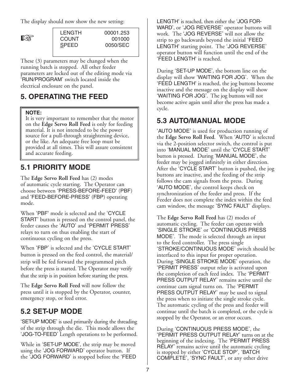 Operating the feed 5.1 priority mode, 2 set-up mode, 3 auto/manual mode | PA Industries Edge Servo Roll Feed SRF-100(for Serial Numbers 7610697 and higher) User Manual | Page 7 / 16