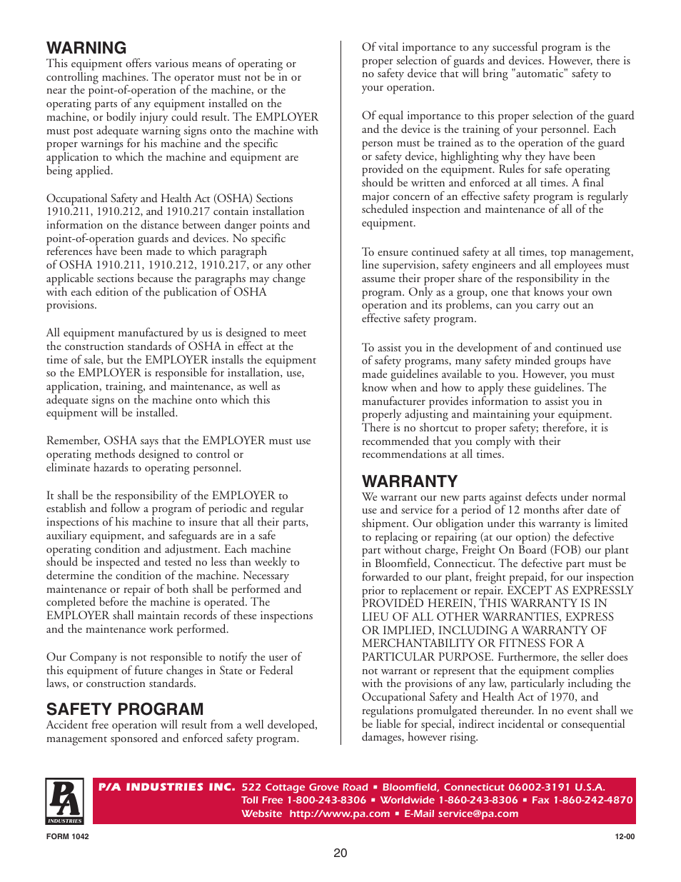 Warning, Safety program, Warranty | PA Industries Magnum Servo Roll Feed SRF-M12/18/24/32/36/48 - Installation and Operating Instructions User Manual | Page 20 / 20