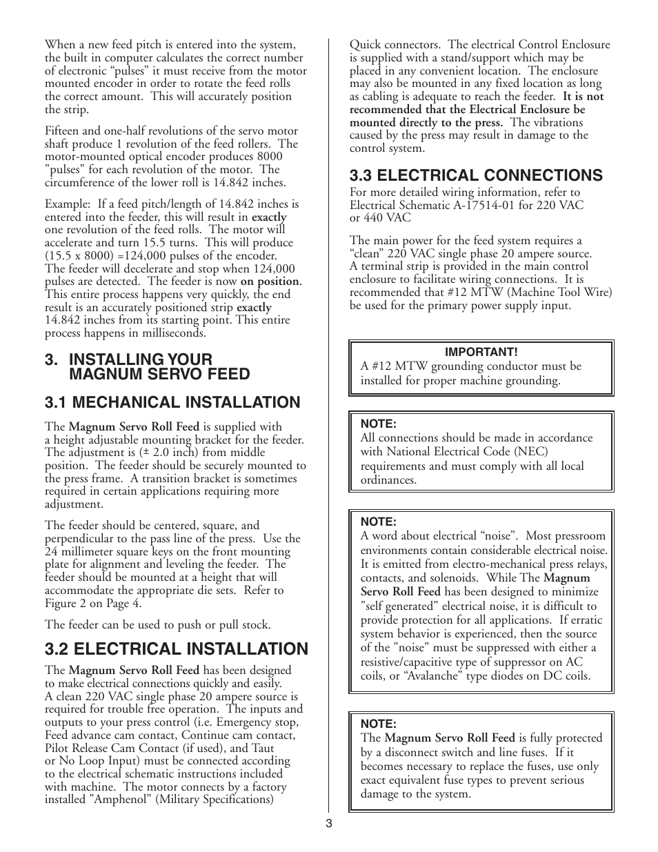 2 electrical installation, 3 electrical connections | PA Industries Magnum Servo Roll Feed SRF-M12/18/24/32/36/48 - Installation and Operating Instructions User Manual | Page 3 / 20