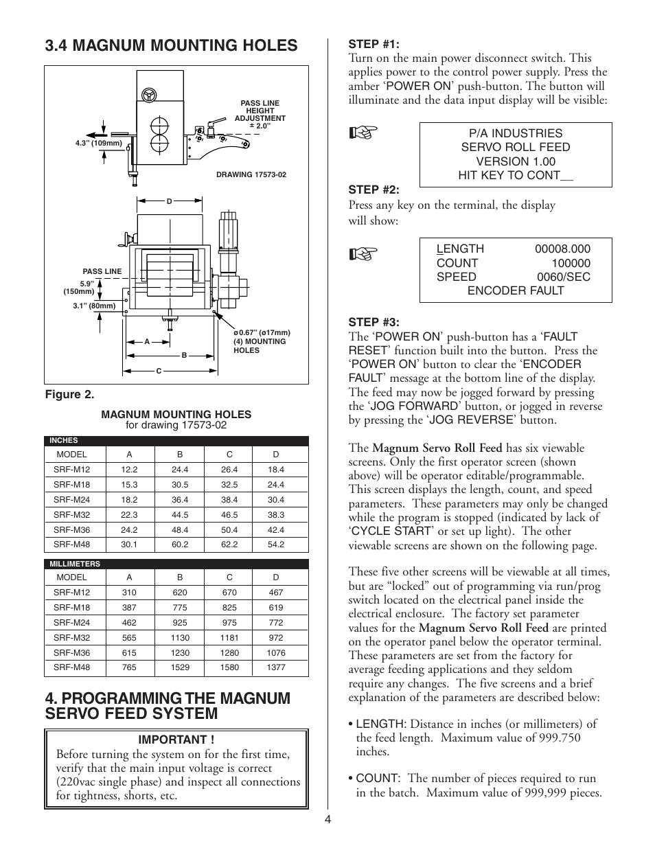 4 magnum mounting holes, Programming the magnum servo feed system, Push-button has a | Function built into the button. press the, Button to clear the, Button, or jogged in reverse by pressing the | PA Industries Magnum Servo Roll Feed SRF-M12/18/24/32/36/48 - Installation and Operating Instructions User Manual | Page 4 / 20