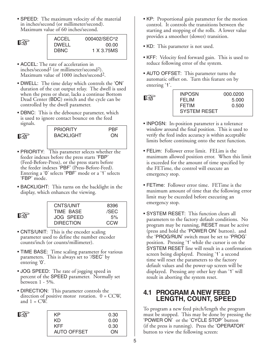 1 program a new feed length, count, speed | PA Industries Magnum Servo Roll Feed SRF-M12/18/24/32/36/48 - Installation and Operating Instructions User Manual | Page 5 / 20