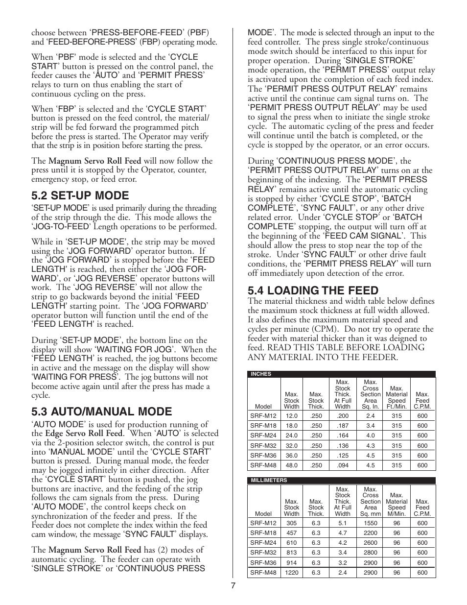 2 set-up mode, 3 auto/manual mode, 4 loading the feed | PA Industries Magnum Servo Roll Feed SRF-M12/18/24/32/36/48 - Installation and Operating Instructions User Manual | Page 7 / 20