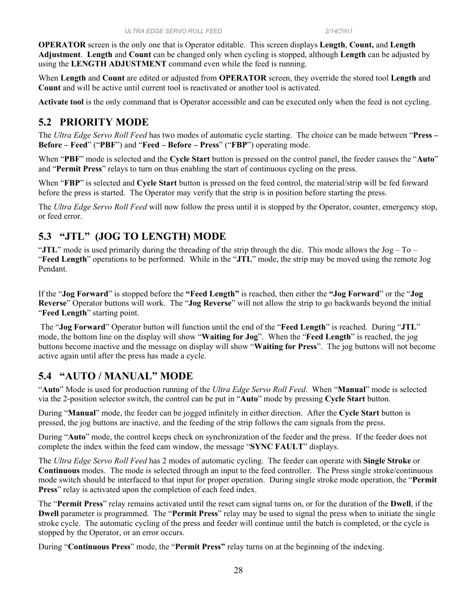 2 priority mode, 3 “jtl” (jog to length) mode, 4 “auto / manual” mode | PA Industries Edge Servo Roll Feed SRF-100/125/200/300/400/500/600 - Operation Manual User Manual | Page 28 / 34