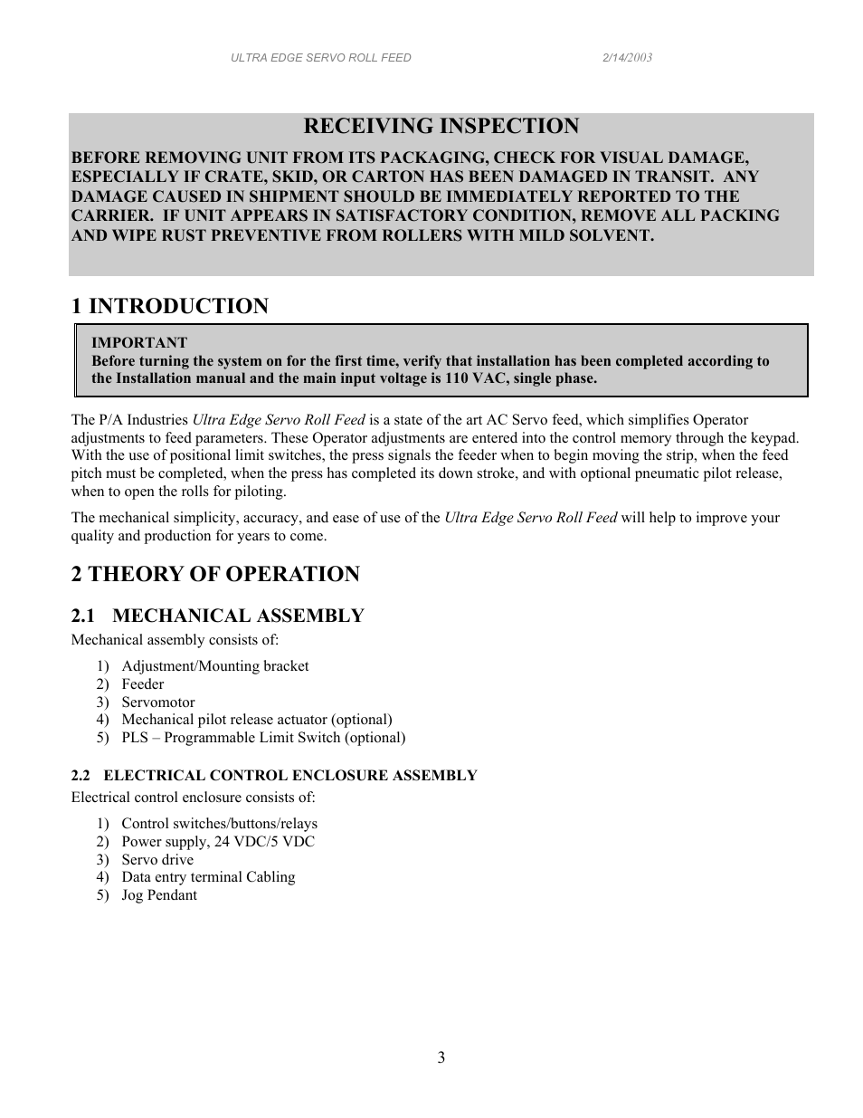 Receiving inspection, 1 introduction, 2 theory of operation | PA Industries Edge Servo Roll Feed SRF-100/125/200/300/400/500/600 - Operation Manual User Manual | Page 3 / 34