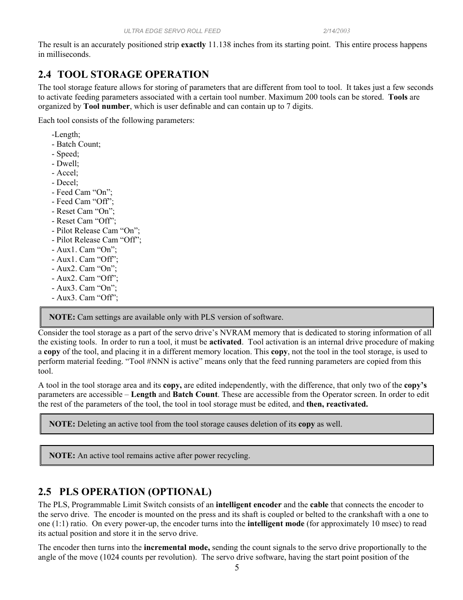 4 tool storage operation, 5 pls operation (optional) | PA Industries Edge Servo Roll Feed SRF-100/125/200/300/400/500/600 - Operation Manual User Manual | Page 5 / 34