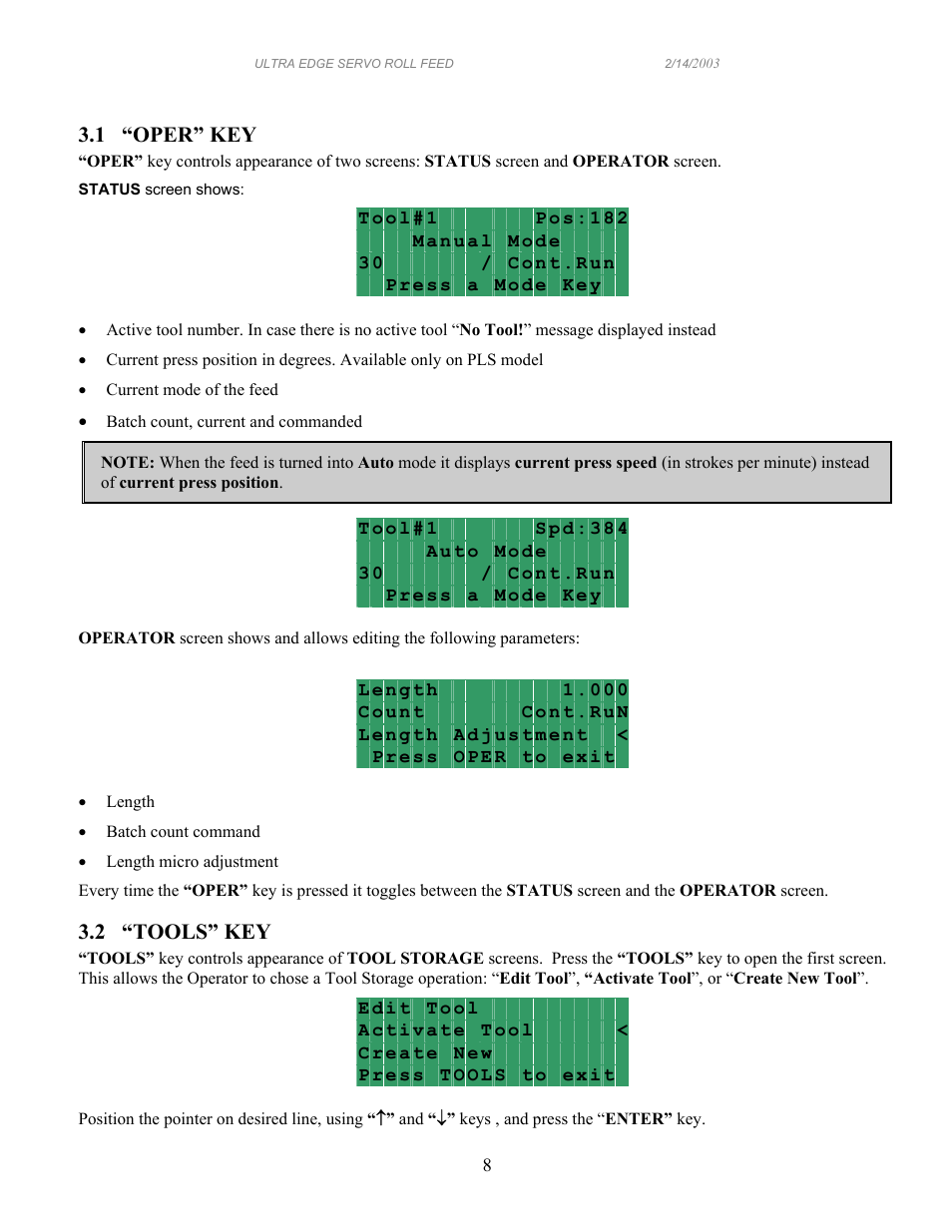 1 “oper” key, 2 “tools” key | PA Industries Edge Servo Roll Feed SRF-100/125/200/300/400/500/600 - Operation Manual User Manual | Page 8 / 34