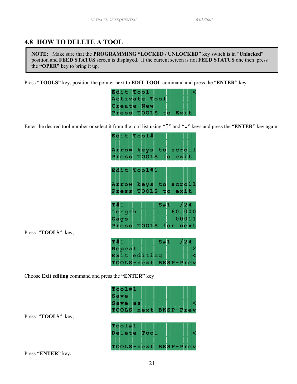 8 how to delete a tool | PA Industries Edge Sequential Servo Roll Feed SRF-100/125/200/300/400/500/600 - Operation Manual User Manual | Page 21 / 28