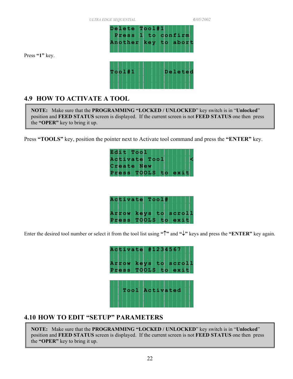 9 how to activate a tool, 10 how to edit “setup” parameters | PA Industries Edge Sequential Servo Roll Feed SRF-100/125/200/300/400/500/600 - Operation Manual User Manual | Page 22 / 28