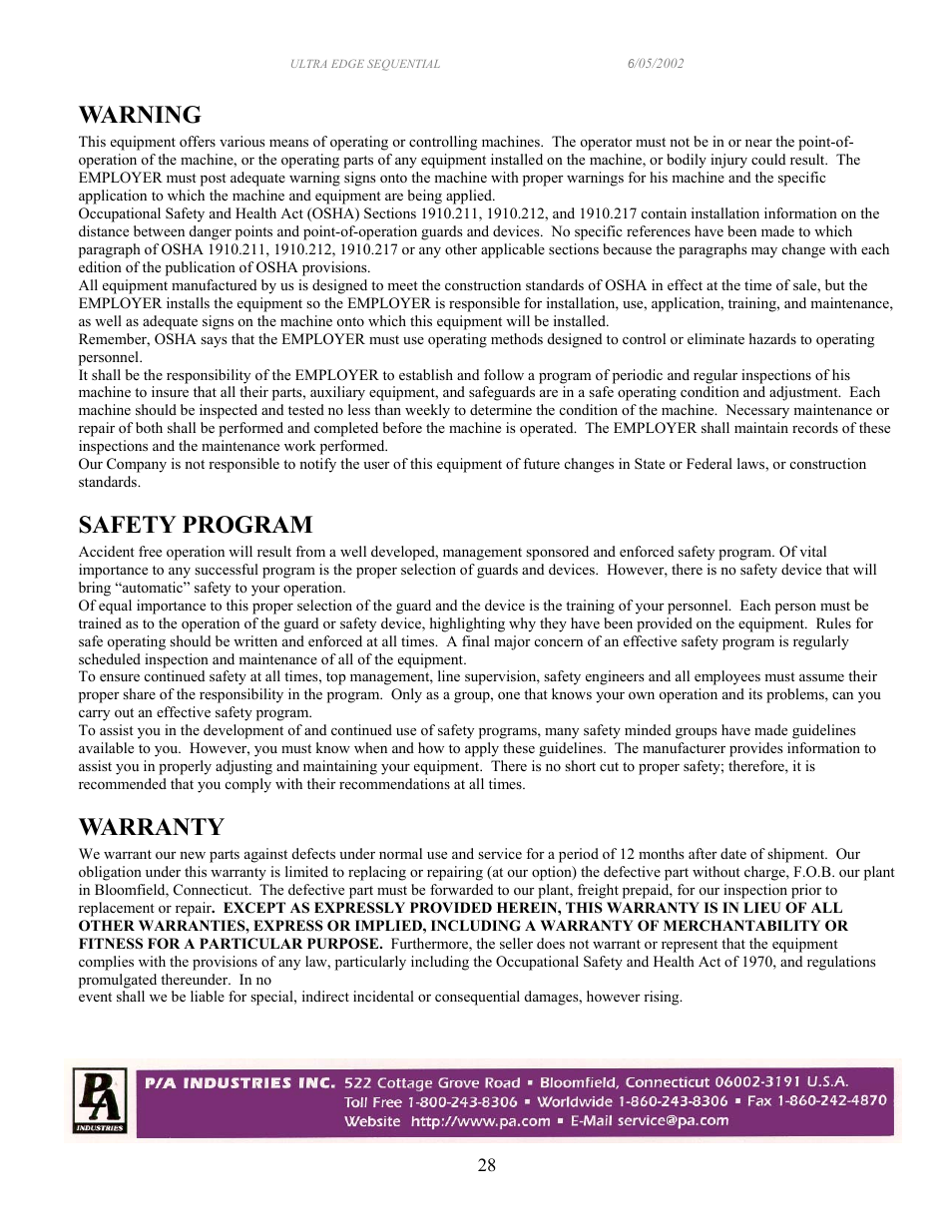Warning, Safety program, Warranty | PA Industries Edge Sequential Servo Roll Feed SRF-100/125/200/300/400/500/600 - Operation Manual User Manual | Page 28 / 28