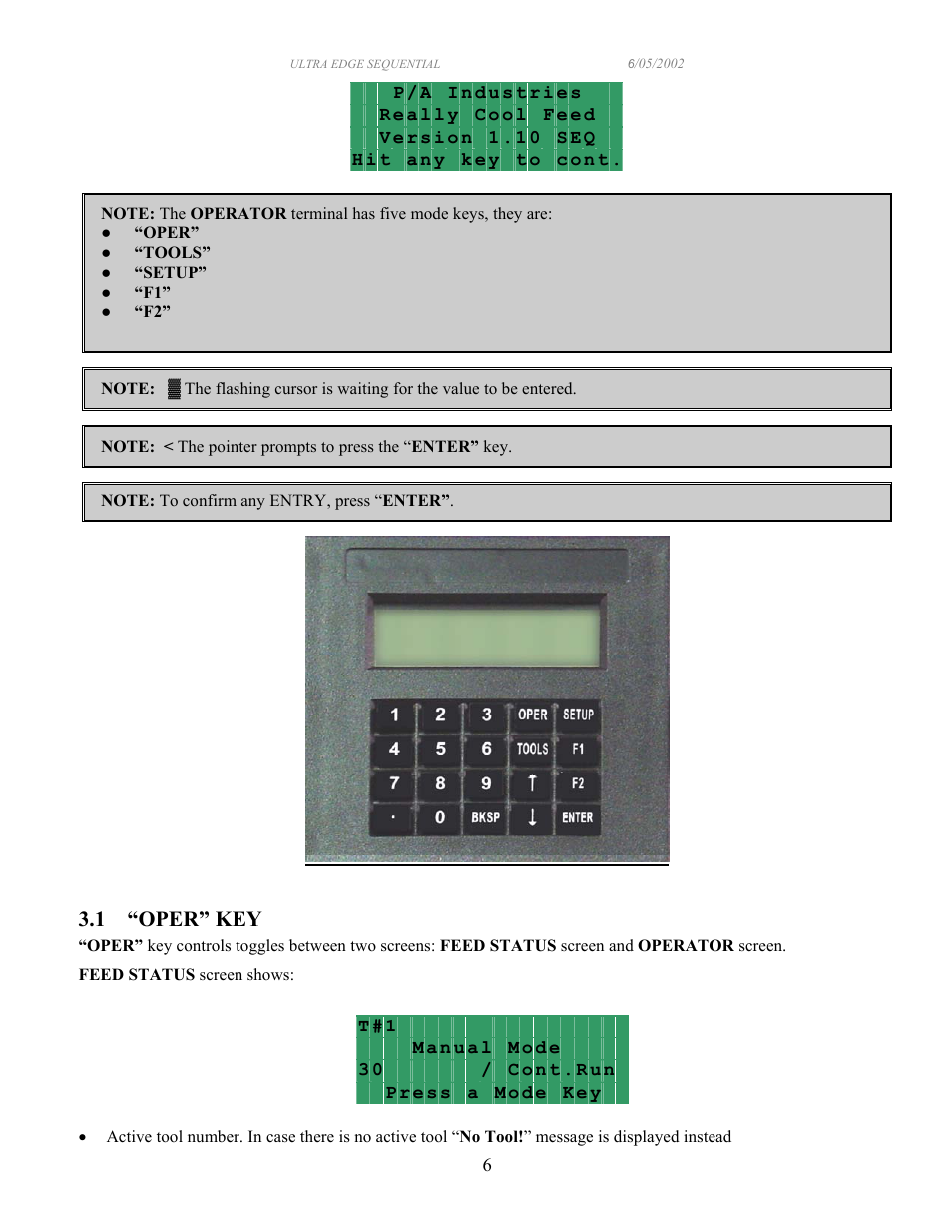 1 “oper” key | PA Industries Edge Sequential Servo Roll Feed SRF-100/125/200/300/400/500/600 - Operation Manual User Manual | Page 6 / 28