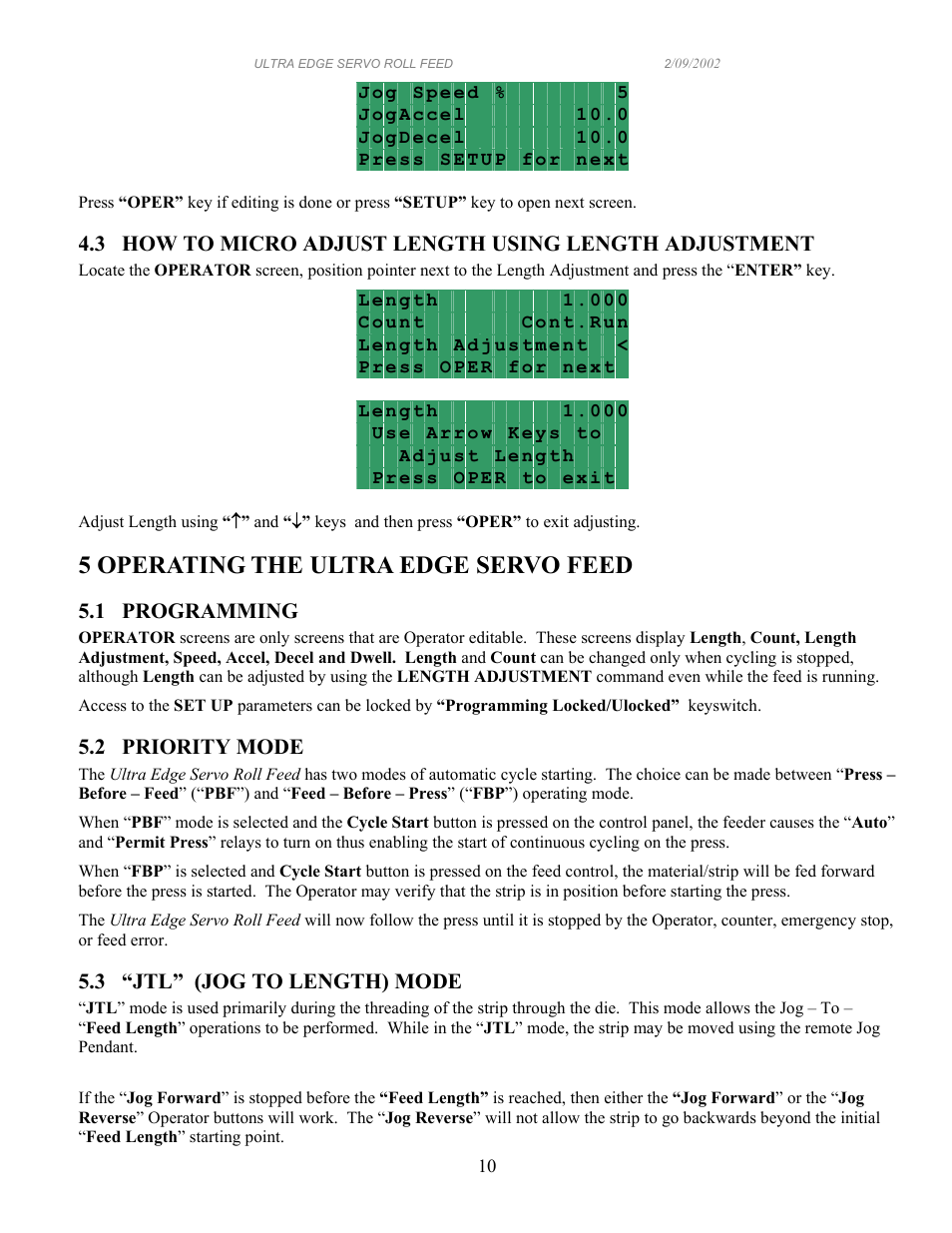 5 operating the ultra edge servo feed | PA Industries Edge Servo Roll Feed with SFI SRF-100/125/200/300/400/500/600 User Manual | Page 10 / 16