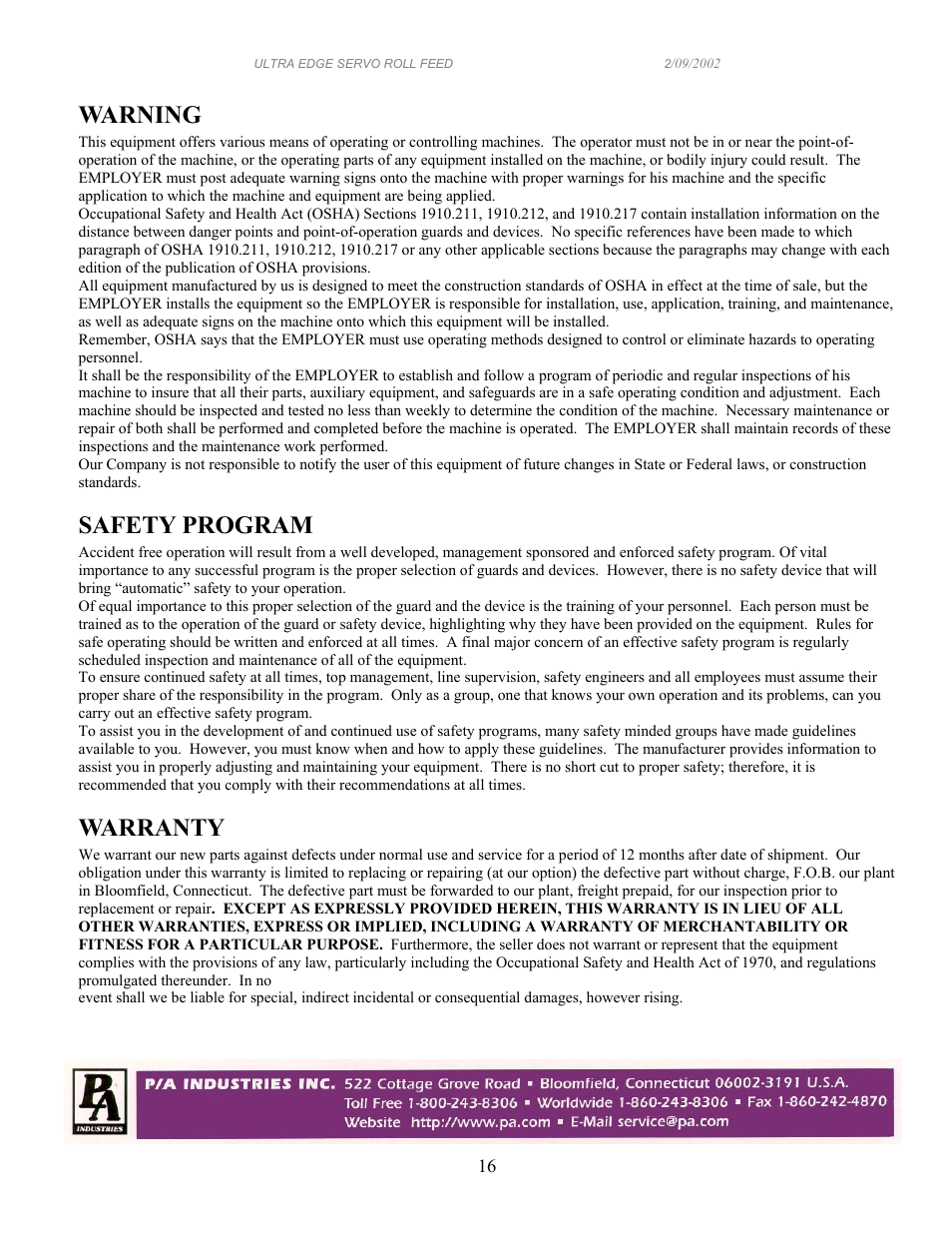 Warning, Safety program, Warranty | PA Industries Edge Servo Roll Feed with SFI SRF-100/125/200/300/400/500/600 User Manual | Page 16 / 16