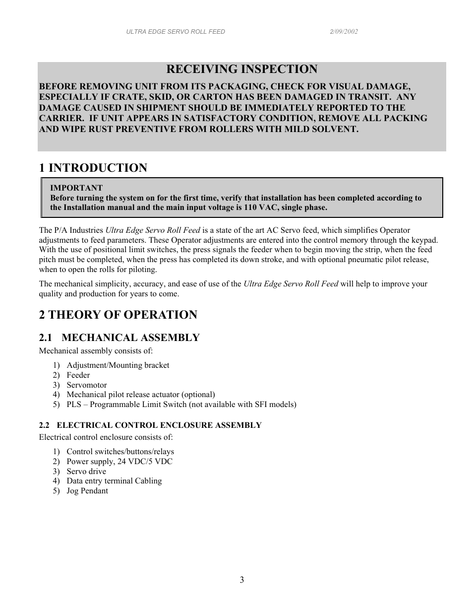 Receiving inspection, 1 introduction, 2 theory of operation | PA Industries Edge Servo Roll Feed with SFI SRF-100/125/200/300/400/500/600 User Manual | Page 3 / 16