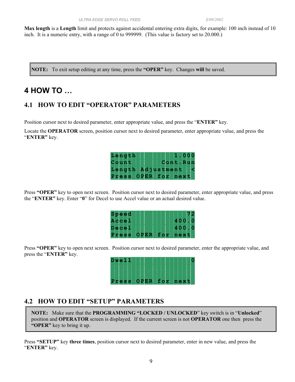 4 how to, 1 how to edit “operator” parameters, 2 how to edit “setup” parameters | PA Industries Edge Servo Roll Feed with SFI SRF-100/125/200/300/400/500/600 User Manual | Page 9 / 16