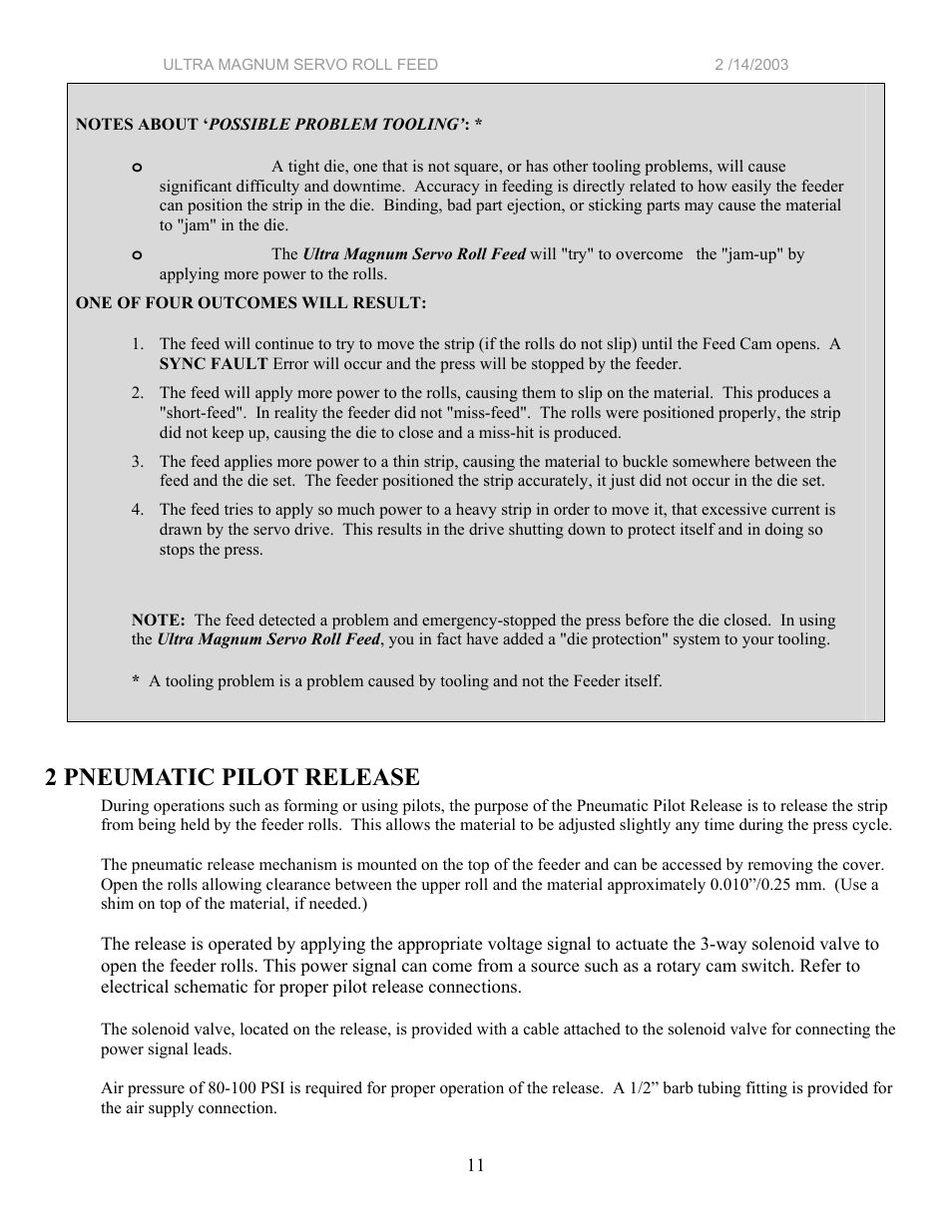 2 pneumatic pilot release | PA Industries Magnum Servo Roll Feed SRF-M12/18/24/32/36/48 - Installation Manual User Manual | Page 11 / 25