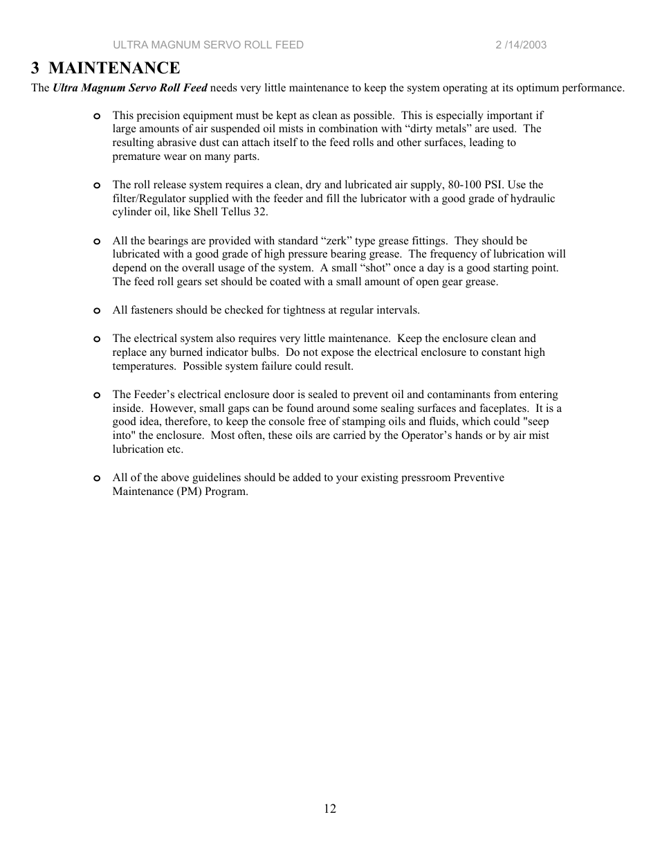 3 maintenance | PA Industries Magnum Servo Roll Feed SRF-M12/18/24/32/36/48 - Installation Manual User Manual | Page 12 / 25