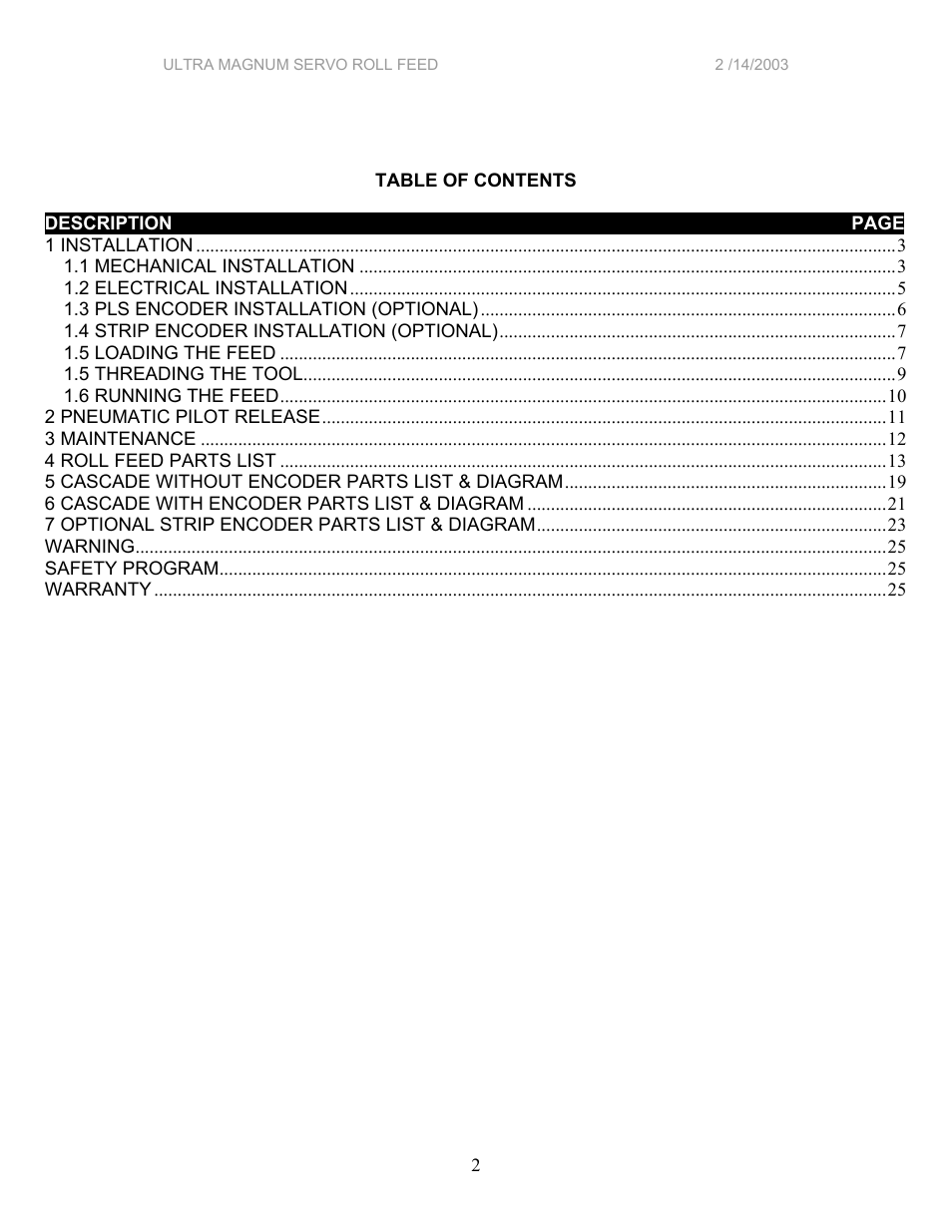 PA Industries Magnum Servo Roll Feed SRF-M12/18/24/32/36/48 - Installation Manual User Manual | Page 2 / 25