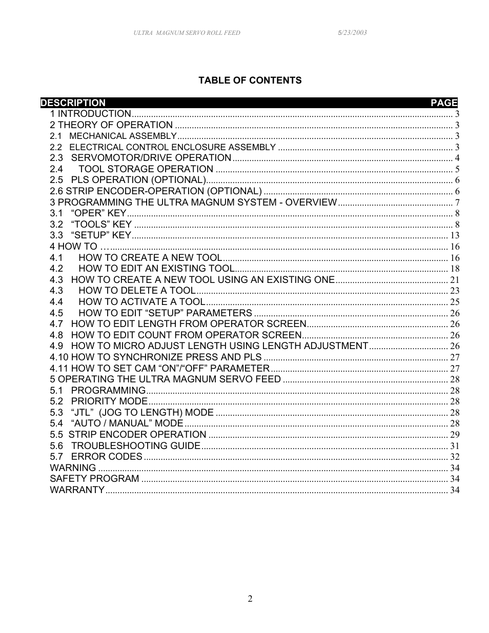 PA Industries Magnum Servo Roll Feed SRF-M12/18/24/32/36/48 - Operation Manual User Manual | Page 2 / 34