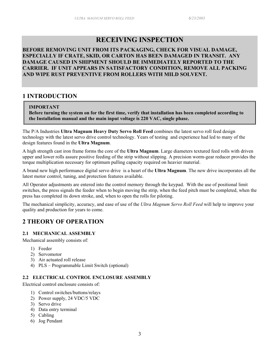 Receiving inspection, 1 introduction, 2 theory of operation | PA Industries Magnum Servo Roll Feed SRF-M12/18/24/32/36/48 - Operation Manual User Manual | Page 3 / 34