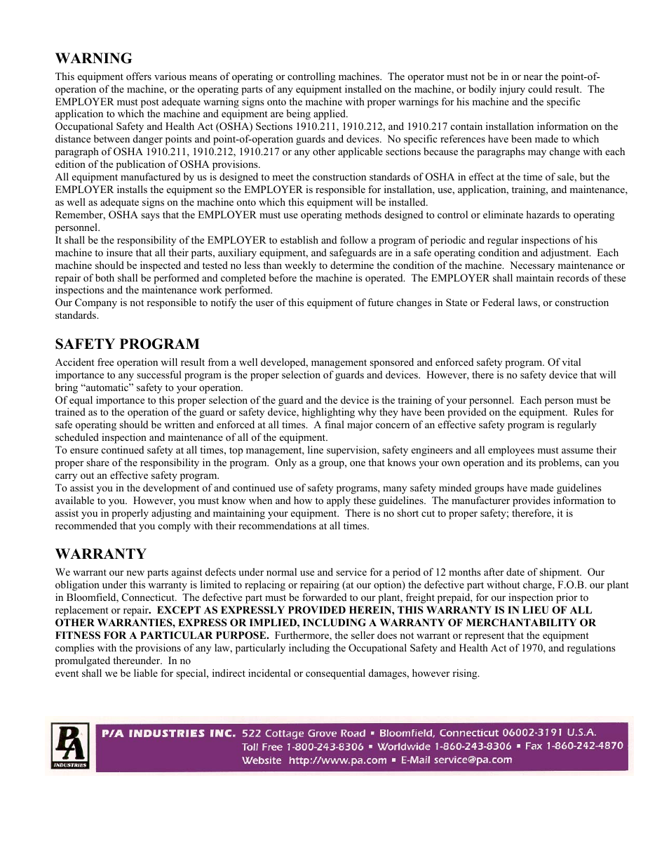 PA Industries Magnum Servo Roll Feed SRF-M12/18/24/32/36/48 - Operation Manual User Manual | Page 34 / 34